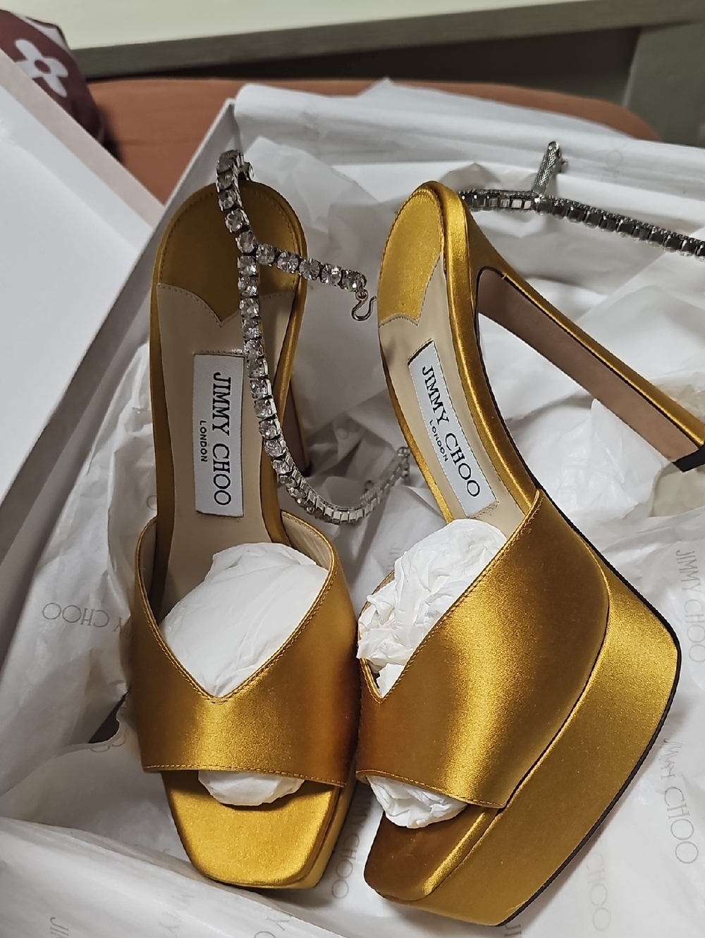 Jimmy Choo Gold Satin Platform Sandals with Crystal Ankle Strap